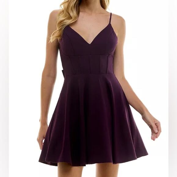 City Studios Juniors' Bow-Accent Scuba Sleeveless Fit & Flare Dress Purple Sz 15 - Picture 1 of 9